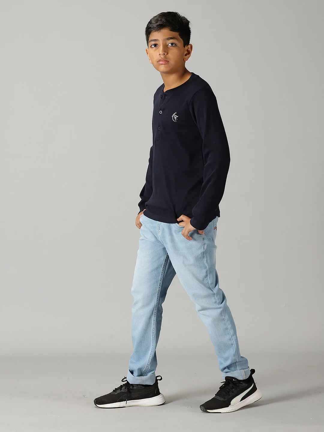 Solid Full Sleeve Henley Neck Rib Tee & Basic 5 Pocket Denim Pant Set