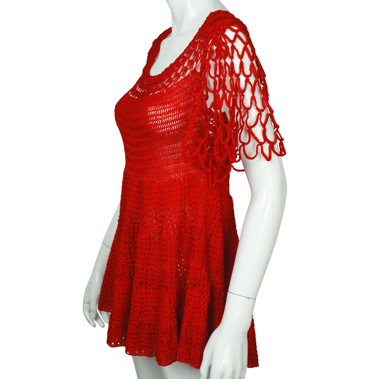 Vintage 1960s Red Crochet Top Hand Knit Pullover Size M