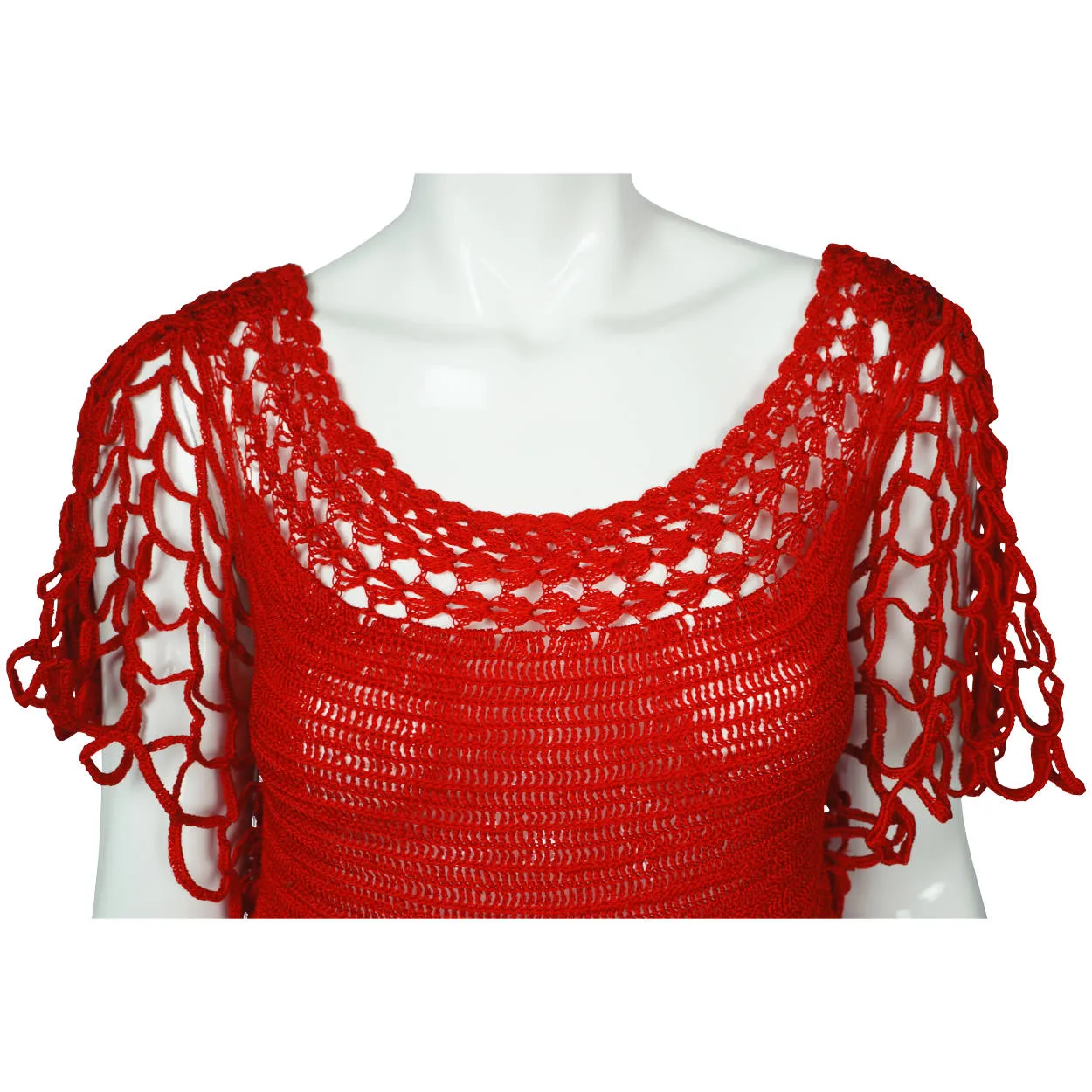 Vintage 1960s Red Crochet Top Hand Knit Pullover Size M