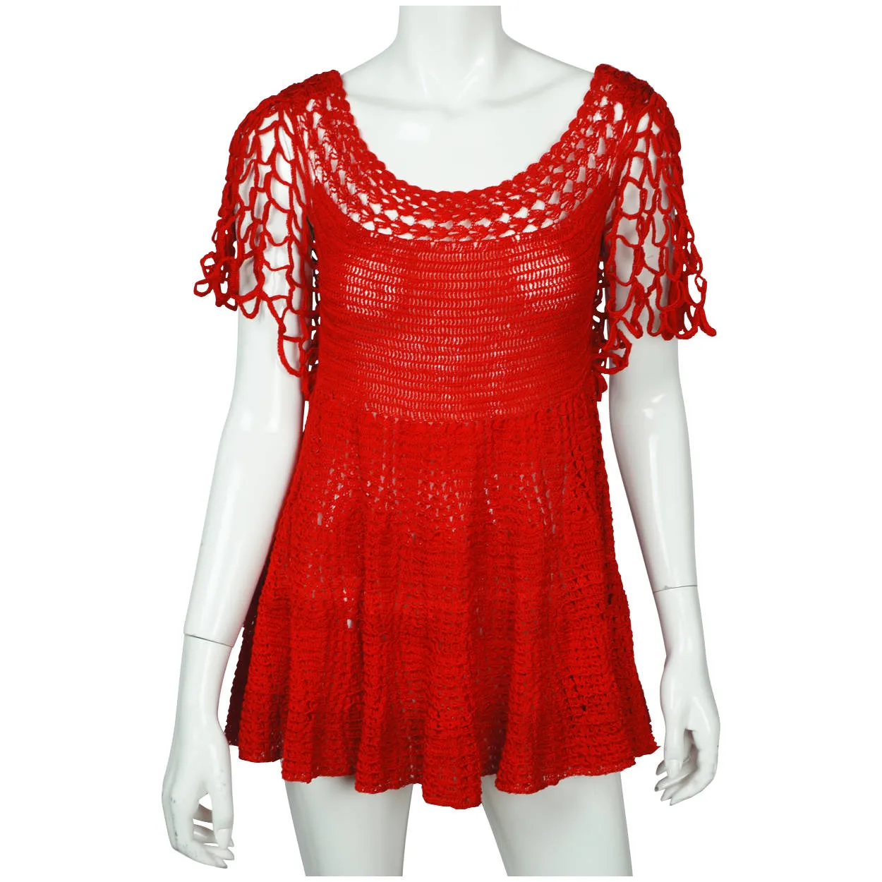 Vintage 1960s Red Crochet Top Hand Knit Pullover Size M