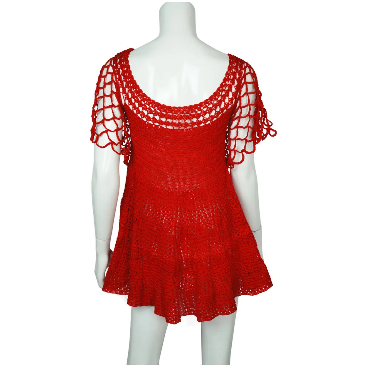 Vintage 1960s Red Crochet Top Hand Knit Pullover Size M