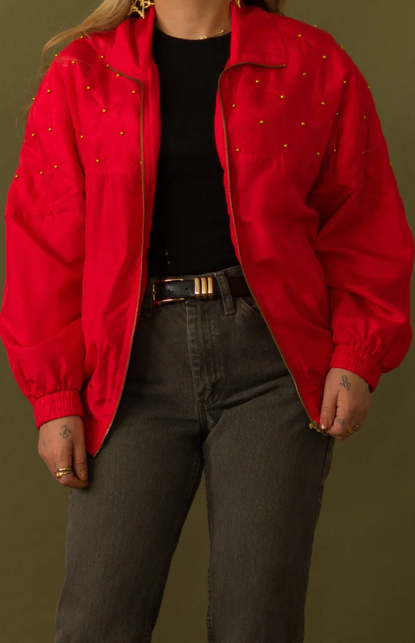 Vintage Red Silk Studded Quilted Jacket