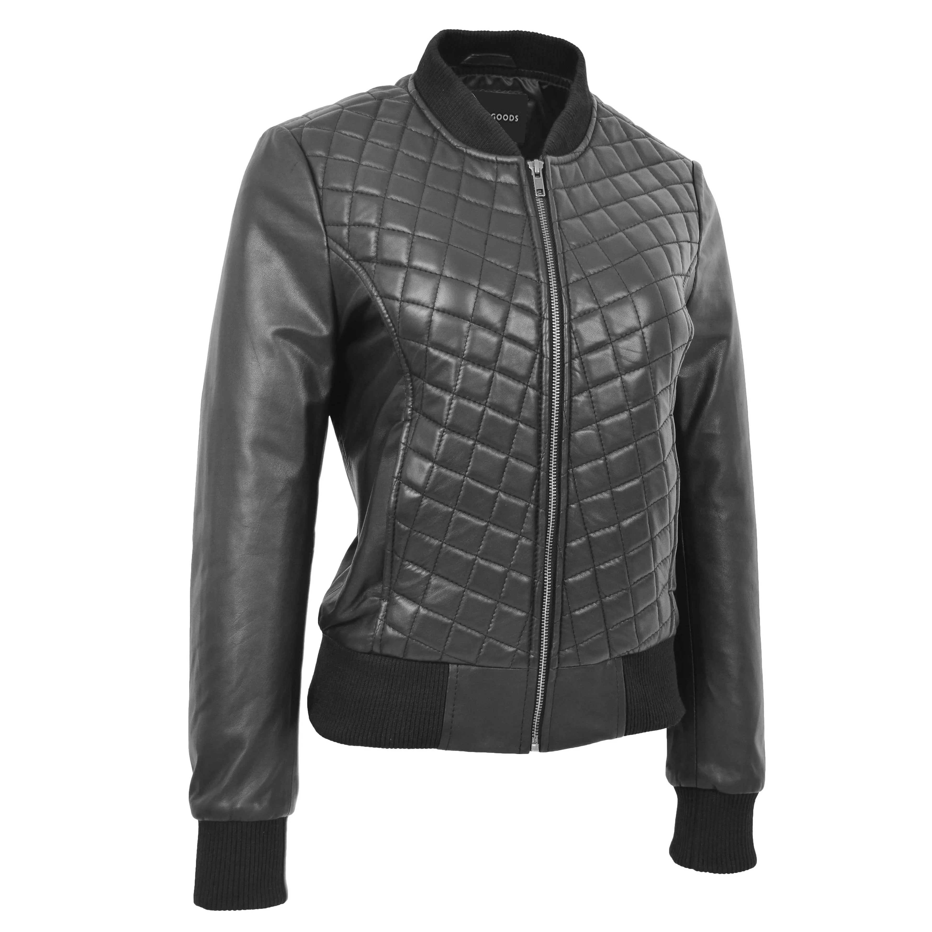 Womens Real Leather Bomber Jacket Black Diamond Quilted Fitted Varsity Storm