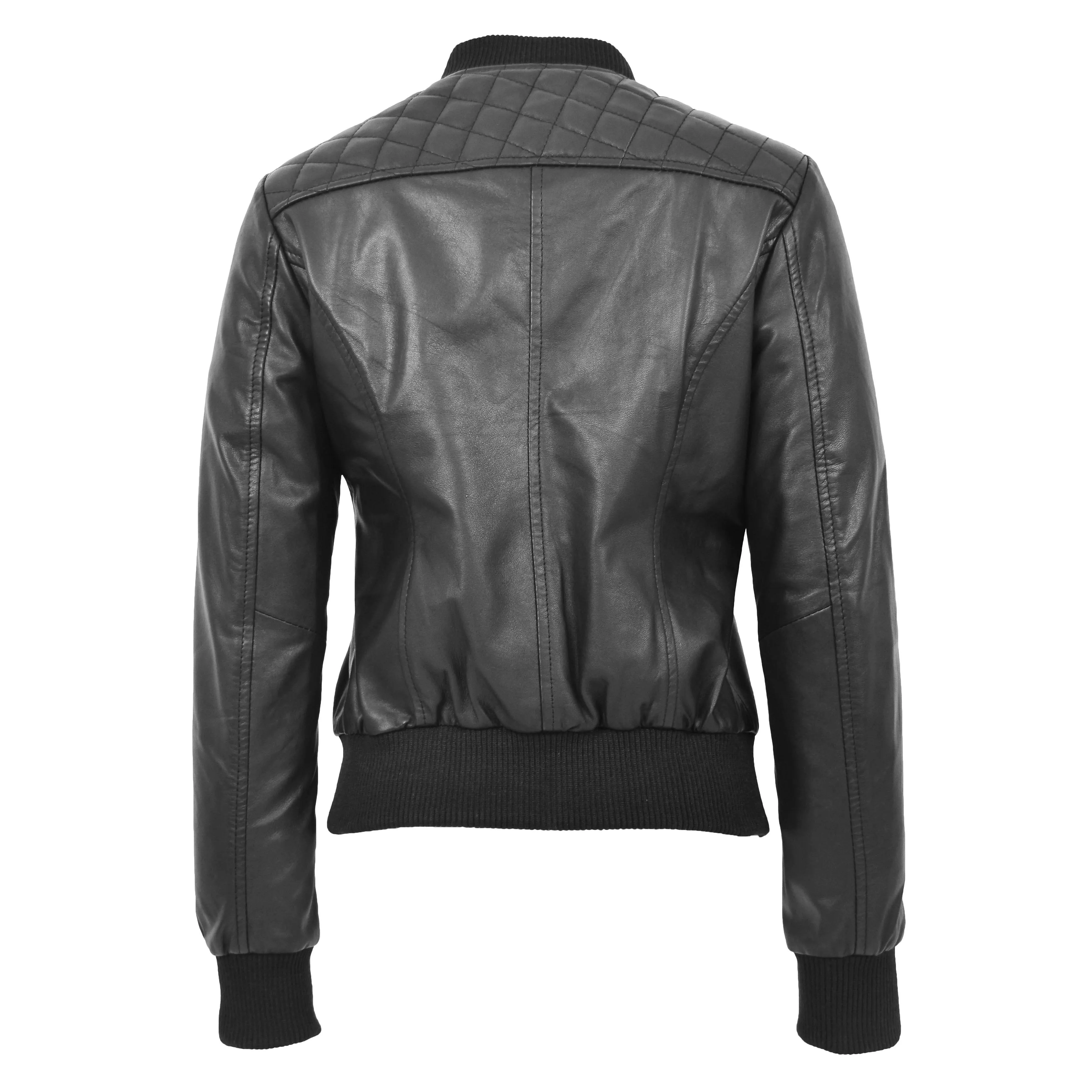 Womens Real Leather Bomber Jacket Black Diamond Quilted Fitted Varsity Storm