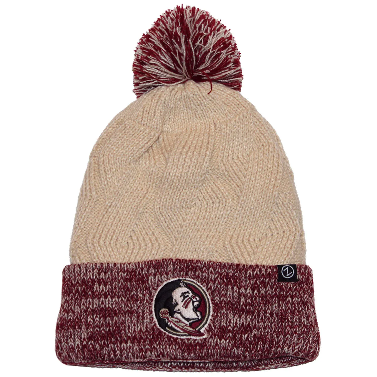 Zephyr Women's Seminole Logo Fleece Lined Cable Knit Pom Beanie - Garnet/Stone